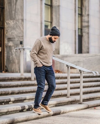 Beige Crew-neck Sweater Outfits For Men: Fashionable and practical, this relaxed casual combo of a beige crew-neck sweater and navy jeans provides with wonderful styling opportunities. Amp up the classiness of this outfit a bit by rounding off with a pair of tan suede derby shoes.