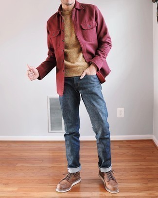 Men's Tan Crew-neck Sweater, Red Gingham Long Sleeve Shirt, Navy Jeans, Brown Leather Casual Boots