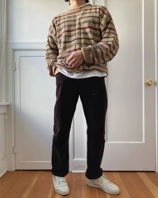 Tan Horizontal Striped Crew-neck Sweater Outfits For Men: A tan horizontal striped crew-neck sweater looks especially cool when worn with dark brown corduroy jeans in a relaxed outfit. White canvas low top sneakers look wonderful here.