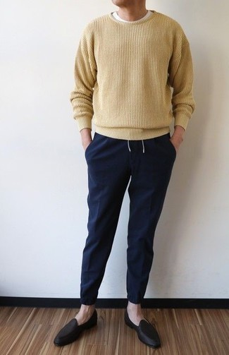 Men's Tan Crew-neck Sweater, White Crew-neck T-shirt, Navy Chinos, Black Leather Loafers