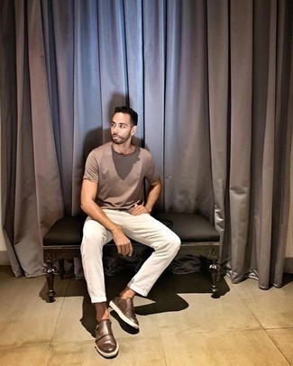 Tobacco Leather Double Monks Outfits: A tan crew-neck t-shirt and white chinos are among those super versatile menswear must-haves that can completely change your wardrobe. If you wish to immediately ramp up your ensemble with one single item, complete your outfit with tobacco leather double monks.