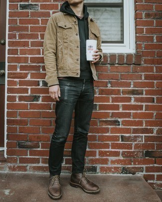 Brown Leather Desert Boots Outfits: If you're looking for a relaxed but also sharp ensemble, try teaming a tan denim jacket with black ripped jeans. Brown leather desert boots will give a dash of refinement to an otherwise mostly casual getup.
