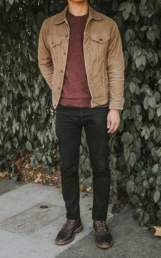 Beige Denim Jacket Outfits For Men: This outfit with a beige denim jacket and black jeans isn't so hard to score and is open to more creative experimentation. A pair of burgundy leather derby shoes immediately boosts the wow factor of any ensemble.