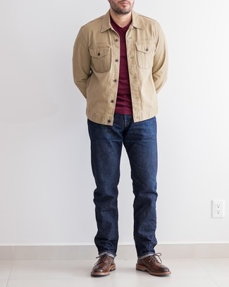 Tan Denim Jacket Outfits For Men: For a laid-back look, try teaming a tan denim jacket with navy jeans — these items play well together. To give your outfit a dressier finish, why not introduce a pair of dark brown leather brogues to this outfit?