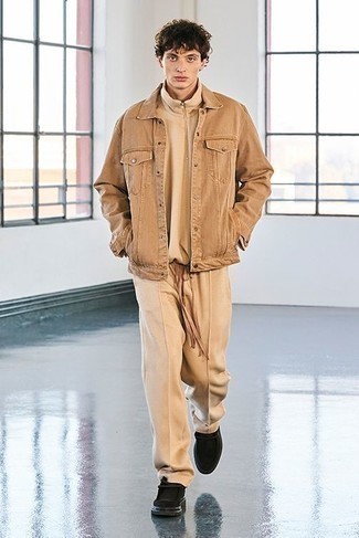 Tan Denim Jacket Outfits For Men: Opt for a tan denim jacket and khaki chinos to show you've got serious styling prowess. When not sure about the footwear, stick to black suede desert boots.