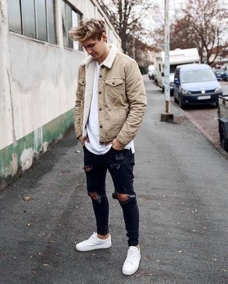 Tan Denim Jacket Outfits For Men: To assemble a casual ensemble with an urban twist, pair a tan denim jacket with black ripped skinny jeans. Serve a little mix-and-match magic by rocking a pair of white canvas low top sneakers.