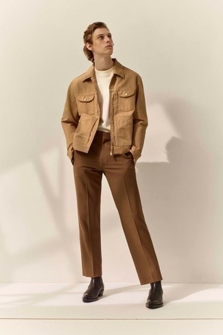 Beige Denim Jacket Outfits For Men: A beige denim jacket looks especially refined when worn with brown dress pants in a modern man's outfit. A pair of dark brown leather chelsea boots integrates really well within many combinations.