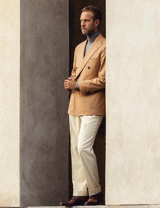 Men's Tan Double Breasted Blazer, Grey Turtleneck, White Dress Pants, Brown Leather Derby Shoes