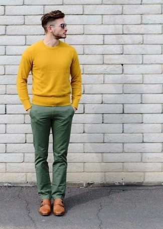 Men's Dark Brown Sunglasses, Tan Leather Double Monks, Green Chinos, Yellow Crew-neck Sweater