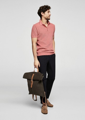Pink Polo with Driving Shoes Outfits For Men: 