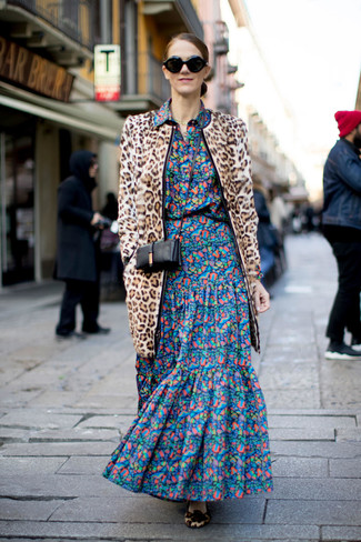 Women's Tan Leopard Fur Coat, Blue Floral Maxi Dress, Tan Leopard Suede Pumps, Black Leather Crossbody Bag