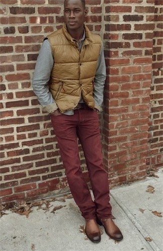Men's Tan Gilet, Grey Flannel Long Sleeve Shirt, Burgundy Chinos, Brown Leather Monks