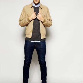Beige Harrington Jacket Outfits: This combo of a beige harrington jacket and navy jeans is hard proof that a straightforward off-duty look doesn't have to be boring.