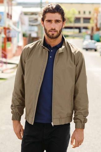 Beige Harrington Jacket Outfits: A beige harrington jacket and black jeans are among the key elements in any gent's great casual sartorial arsenal.