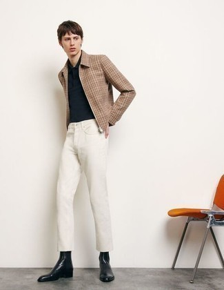 Harrington Jacket Outfits: For a casually dapper ensemble, pair a harrington jacket with white jeans — these two pieces work beautifully together. Introduce black leather chelsea boots to the mix to immediately ramp up the style factor of your ensemble.