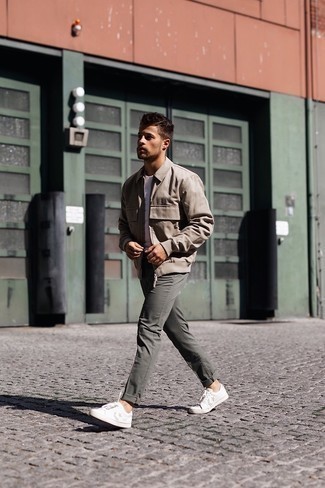 Tan Harrington Jacket Outfits: Why not try pairing a tan harrington jacket with dark green chinos? These pieces are super comfortable and look awesome when paired together. Dial down the dressiness of your ensemble by finishing with white star print leather low top sneakers.