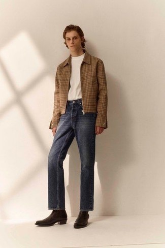 Tan Check Harrington Jacket Outfits: For a casually stylish ensemble, opt for a tan check harrington jacket and navy jeans — these pieces work brilliantly together. If you want to immediately ramp up your ensemble with one single piece, why not throw a pair of dark brown leather chelsea boots into the mix?