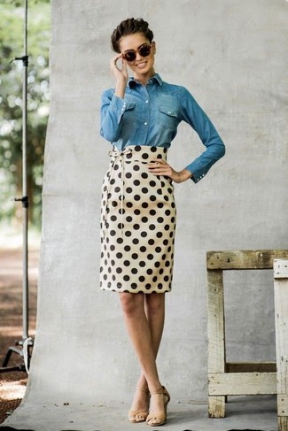 Beige Polka Dot Pencil Skirt Outfits: 