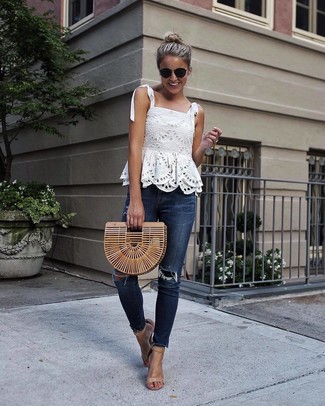 Women's Tan Straw Clutch, Tan Leather Heeled Sandals, Navy Ripped Skinny Jeans, White Lace Sleeveless Top
