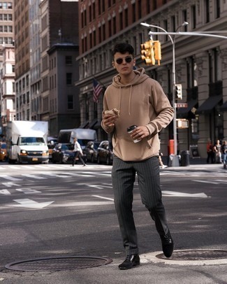 Tan Hoodie Outfits For Men: A tan hoodie and charcoal vertical striped chinos are amazing menswear essentials that will integrate wonderfully within your day-to-day casual collection. Black suede casual boots will put an elegant spin on this look.