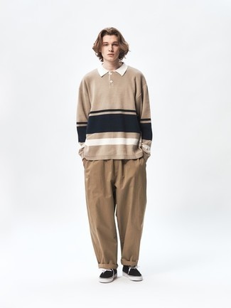 Men's Outfits 2022: As you can see here, looking on-trend doesn't take that much effort. Consider teaming a tan horizontal striped polo neck sweater with brown chinos and you'll look incredibly stylish. Black and white canvas high top sneakers will add a more relaxed aesthetic to the ensemble.