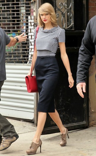 Taylor Swift wearing Red Leather Crossbody Bag, Tan Leather Lace-up Ankle Boots, Black Pencil Skirt, Black and White Gingham Short Sleeve Blouse