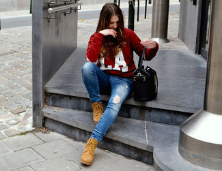 Burgundy Print Crew-neck Sweater Outfits For Women: 