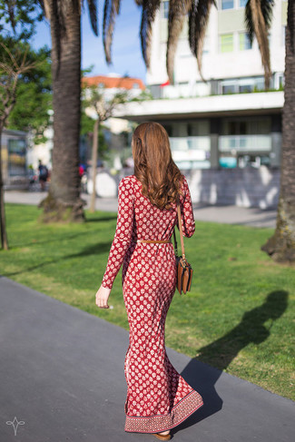 Burgundy Print Maxi Dress Outfits: 