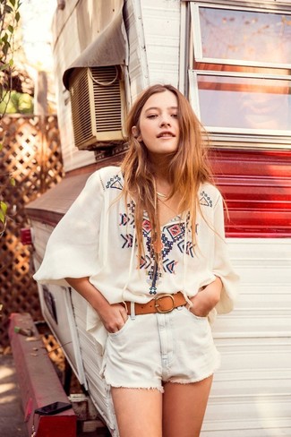 Women's Tan Leather Belt, White Denim Shorts, White and Blue Embroidered Peasant Blouse