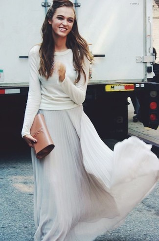 Beige Pleated Maxi Skirt Outfits: 