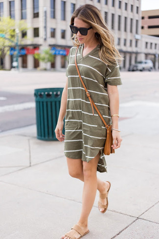 Dark Green Horizontal Striped Casual Dress Outfits: 