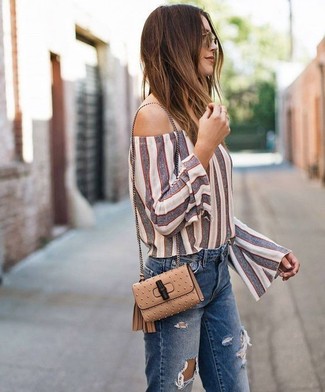 White Vertical Striped Off Shoulder Top Outfits: 