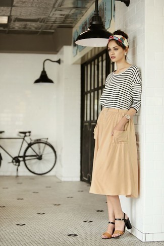 Tan Pleated Midi Skirt Outfits: 