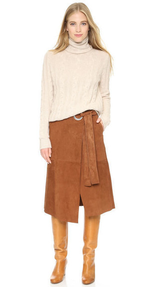 Dark Brown Suede Midi Skirt Outfits: 