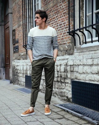 Men's Tan Leather Slip-on Sneakers, Dark Green Chinos, White and Navy Horizontal Striped Long Sleeve T-Shirt