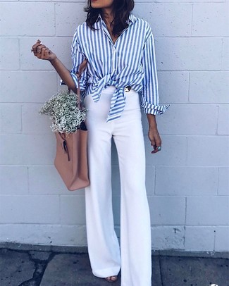 Women's Tan Leather Tote Bag, White Flare Pants, White and Blue Vertical Striped Dress Shirt