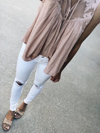 Beige Leather Wedge Sandals Outfits: 