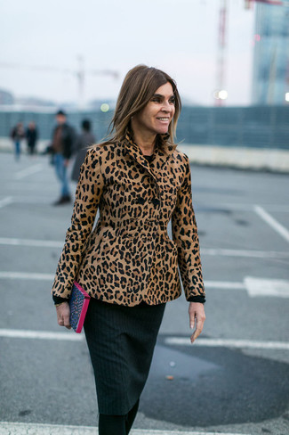 Women's Tan Leopard Blazer, Charcoal Knit Sheath Dress, Black Wool Tights