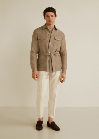 Beige Shirt Jacket Outfits For Men: When the occasion calls for a refined yet kick-ass look, consider wearing a beige shirt jacket and white chinos. Go the extra mile and spice up your ensemble by rounding off with a pair of dark brown suede loafers.