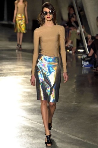 Leather Look Pencil Skirt With Belted Waistband And Pockets