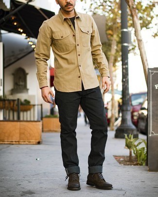 Brown Suede Casual Boots Outfits For Men: Why not marry a tan long sleeve shirt with black jeans? As well as very functional, both of these items look amazing when paired together. To give your overall look a sleeker touch, why not complete your look with a pair of brown suede casual boots?