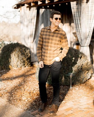 Brown Leather Derby Shoes Outfits: A tan check flannel long sleeve shirt and black jeans worn together are a wonderful match. Unimpressed with this look? Introduce brown leather derby shoes to jazz things up.