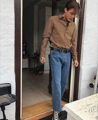 Men's Tan Gingham Long Sleeve Shirt, Blue Jeans, Black and White Canvas High Top Sneakers, Black Leather Belt