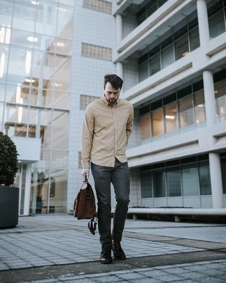 Men's Tan Long Sleeve Shirt, Charcoal Jeans, Dark Brown Leather Casual Boots, Dark Brown Leather Briefcase