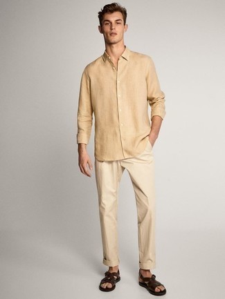 Dark Brown Leather Sandals Outfits For Men: On days when comfort is imperative, this pairing of a tan long sleeve shirt and khaki chinos is a no-brainer. For something more on the daring side to round off your outfit, add a pair of dark brown leather sandals to the mix.