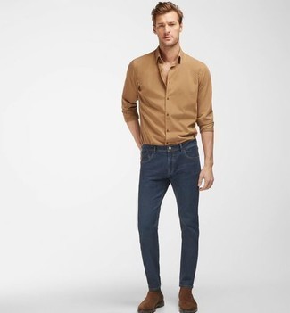 Tan Long Sleeve Shirt Outfits For Men: For a casual look with a modern twist, consider pairing a tan long sleeve shirt with navy skinny jeans. Clueless about how to complete this look? Wear brown suede chelsea boots to bump it up.