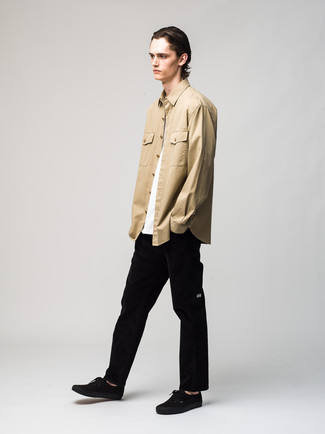 Black Canvas Low Top Sneakers Outfits For Men: If you're seeking to take your casual game up a notch, marry a tan long sleeve shirt with black jeans. When it comes to shoes, this outfit pairs brilliantly with black canvas low top sneakers.