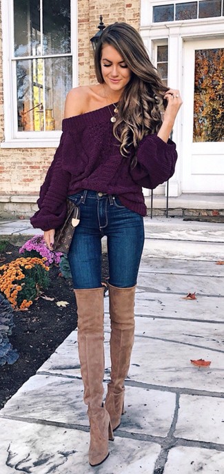 Dark Purple Knit Oversized Sweater Fall Outfits: 