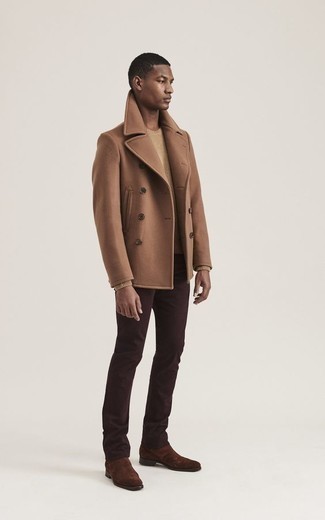 Dark Brown Chinos Outfits: Perfect the effortlessly smart getup in a tan pea coat and dark brown chinos. Let your styling skills really shine by complementing your look with a pair of dark brown suede chelsea boots.