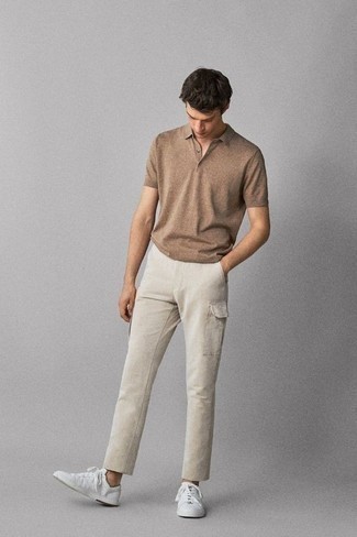 Tan Polo Outfits For Men: Go for a straightforward but cool and relaxed choice by marrying a tan polo and beige cargo pants. White canvas low top sneakers look great finishing off your outfit.